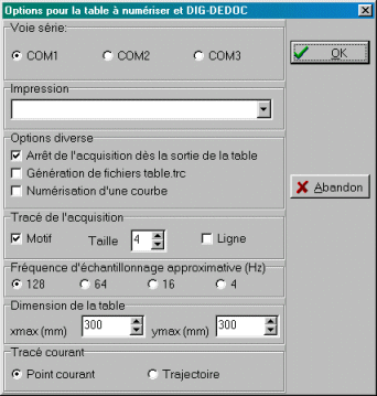 OPTIONS à configurer au départ, et conservées par la suite